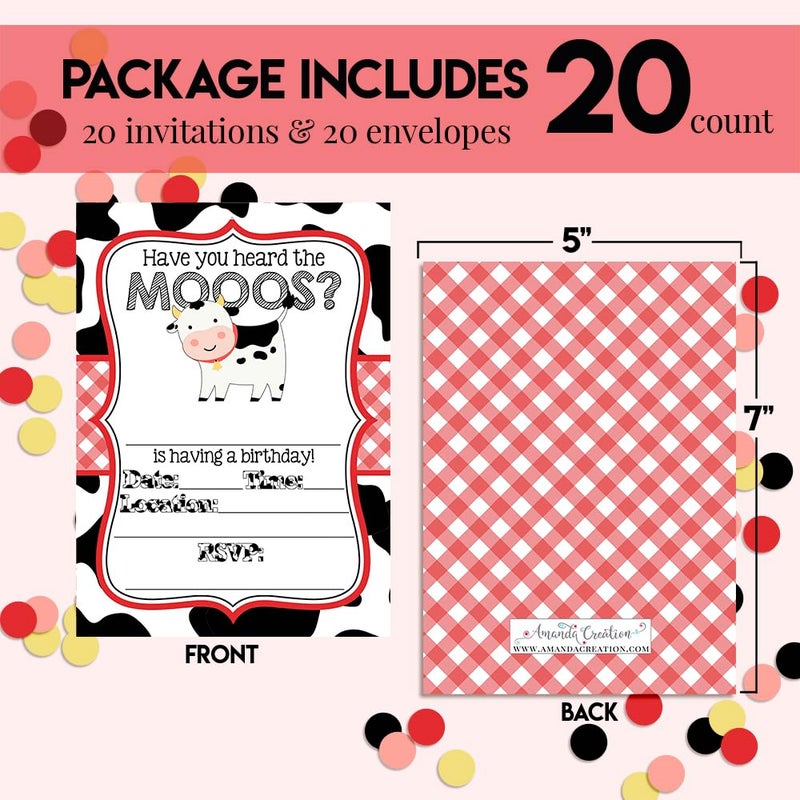 Amanda Creation Heard the Moos Red Cow-Themed Birthday Party Invitations for Kids, 20 5x7 Fill In Cards with Twenty White Envelopes by AmandaCreation - Image 4